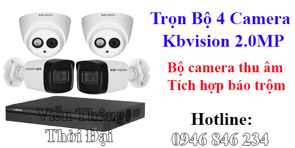 Bộ 4 camera kbvision 2mp thu âm báo động